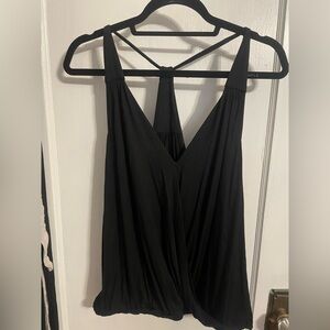 Trina Turk Black Sleeveless V-Neck Draped Tank with Cross-Back